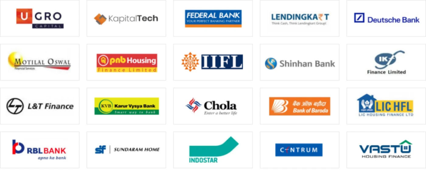 Lending partners of ANG-FINTECH, including UGRO Capital, KapitalTech, Federal Bank, Lendingkart, Deutsche Bank, Motilal Oswal, PNB Housing Finance, IIFL, Shinhan Bank, IKF Finance, L&T Finance, Karur Vysya Bank, Chola, Bank of Baroda, LIC HFL, RBL Bank, Sundaram Home, IndoStar, Centrum and Vastu Housing Finance.
